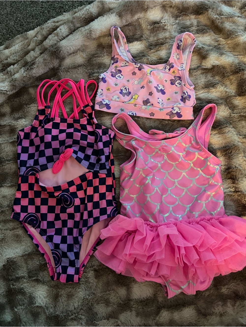 Set of 3 swimsuits mermaid, and checkered one piece and Minnie Mouse top used